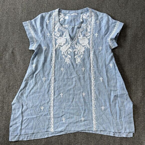 Kyla Seo Shirt Womens S Blue Linen Chambray Floral Embroidered Beach Coastal - Picture 1 of 11